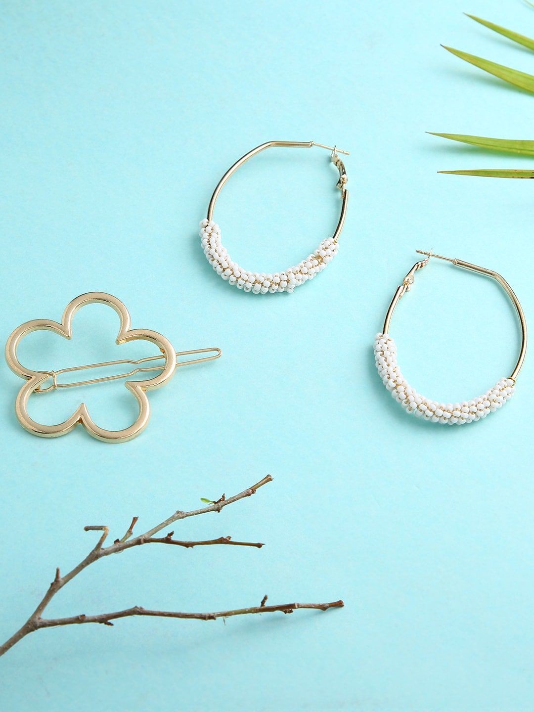 dressberry justpeachy White Contemporary Artificial Beads Hoop Earrings With Hair Clip Set-picture-48