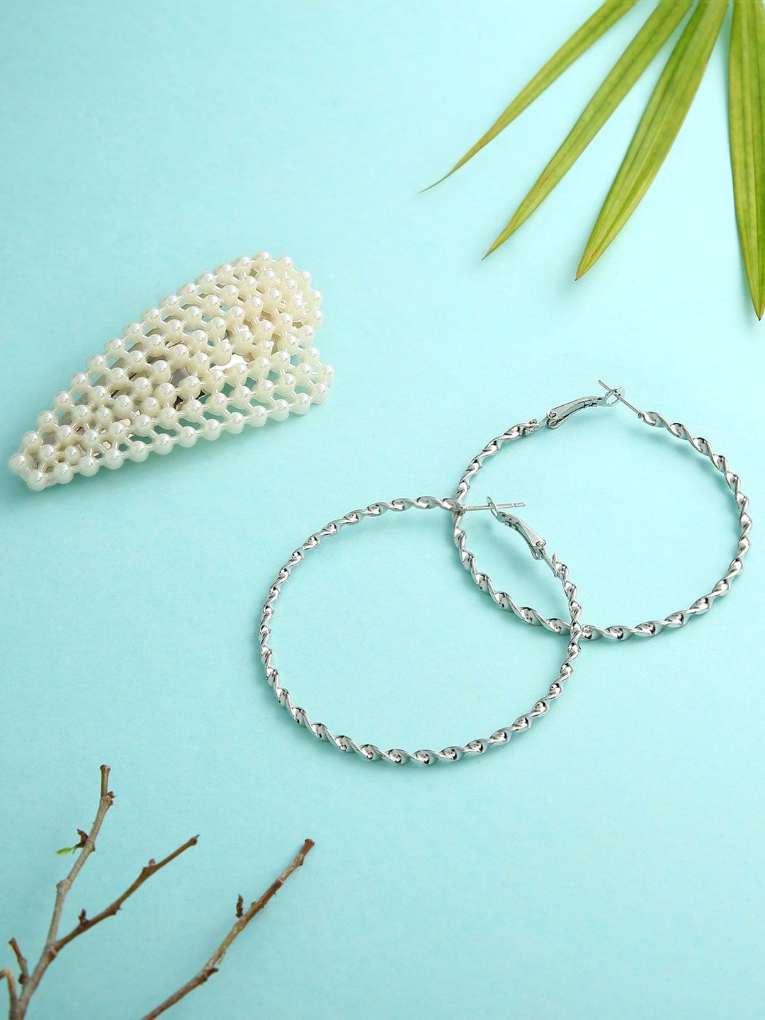 dressberry justpeachy Silver-Toned Set Of 2 Contemporary Hoop Earrings With Artificial Beads Studded Clip-picture-58