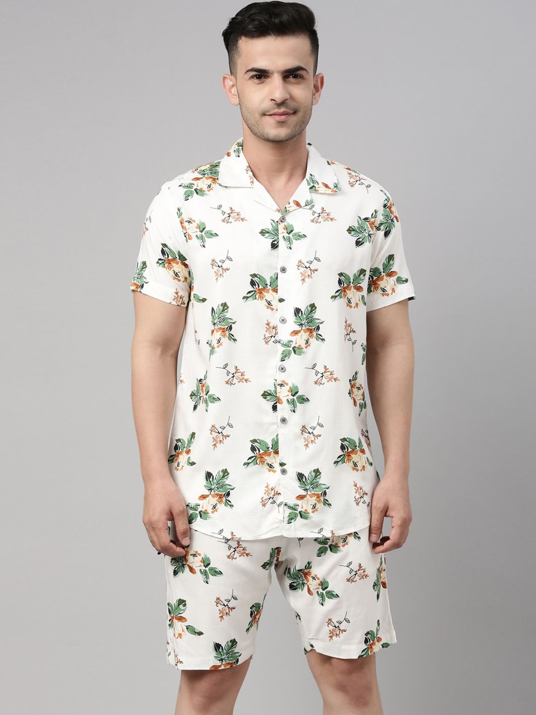 Bushirt Men White & Green Printed Night suit-picture-54
