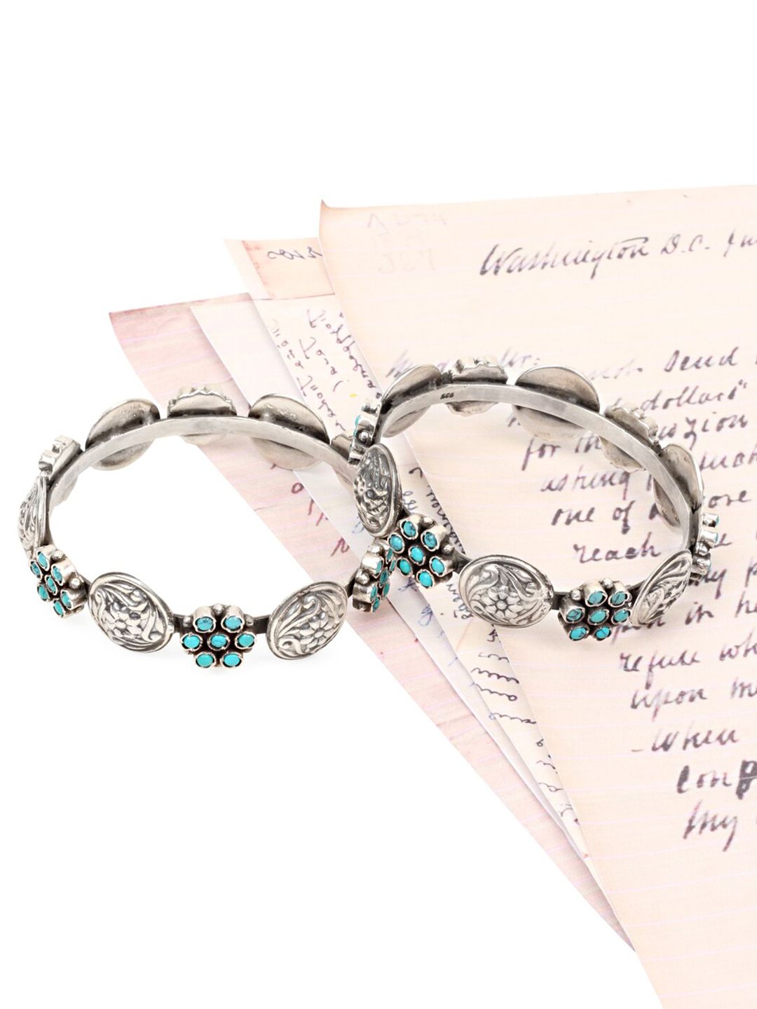 SANGEETA BOOCHRA Women 2 Silver-Toned & Turquoise Blue Silver Turquoise Handcrafted Bangle-Style Bracelet-image-28