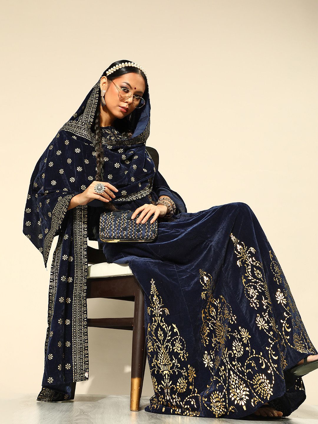 Juniper Navy Blue & Gold-Toned Embroidered Foil Print Ready to Wear Lehenga Choli Set-picture-30