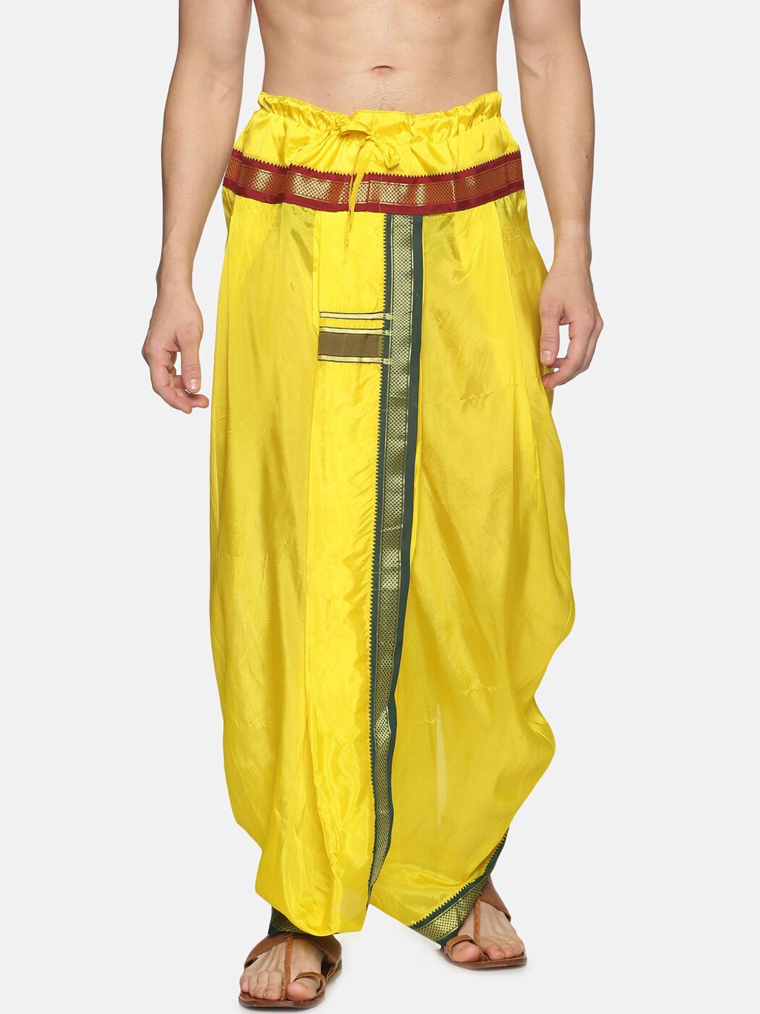 Sethukrishna Men Yellow & Green Solid Readymade Dhoti Pant-picture-16