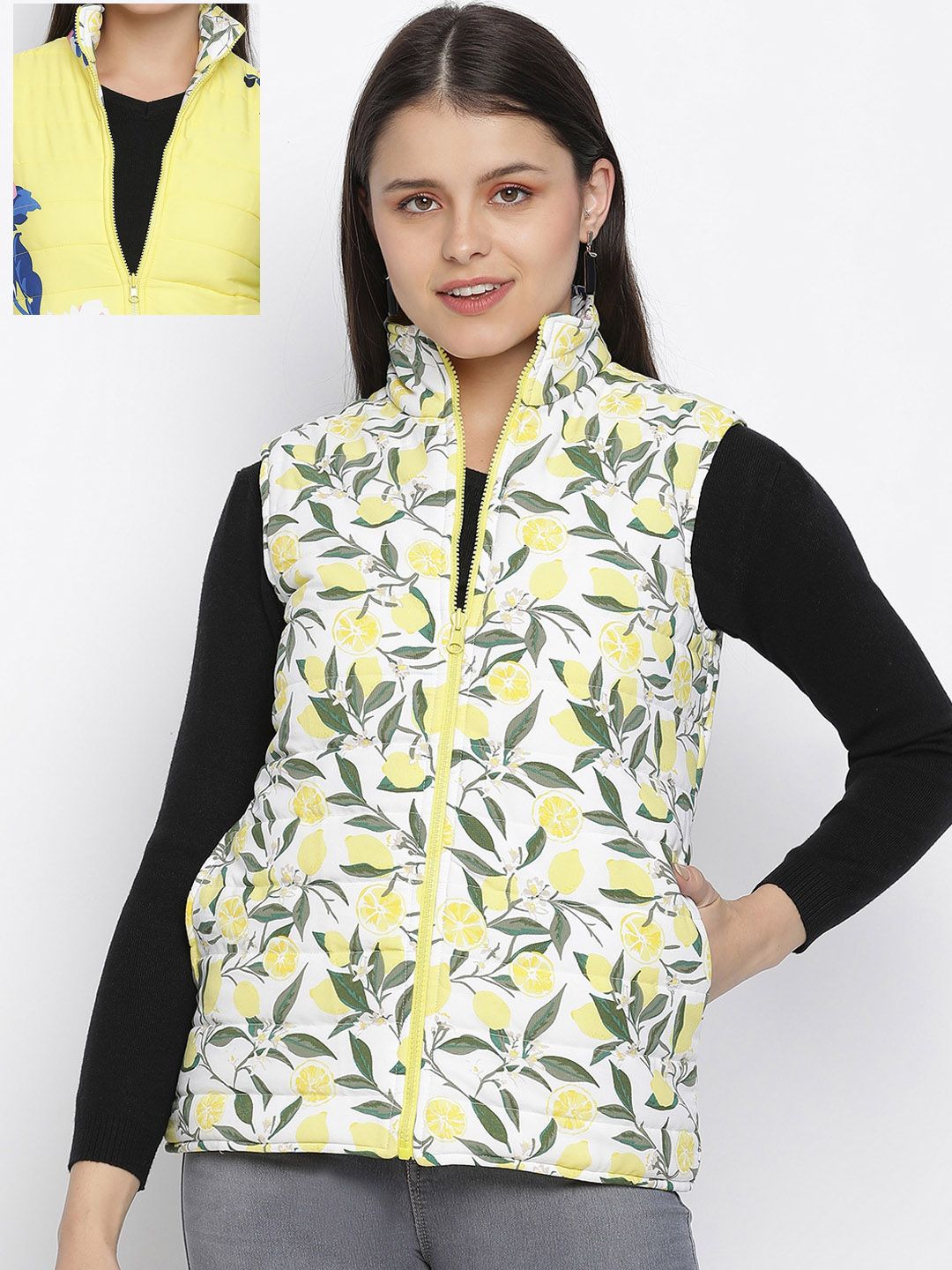 Oxolloxo Women Yellow & White Floral Reversible Quilted Jacket-picture-38