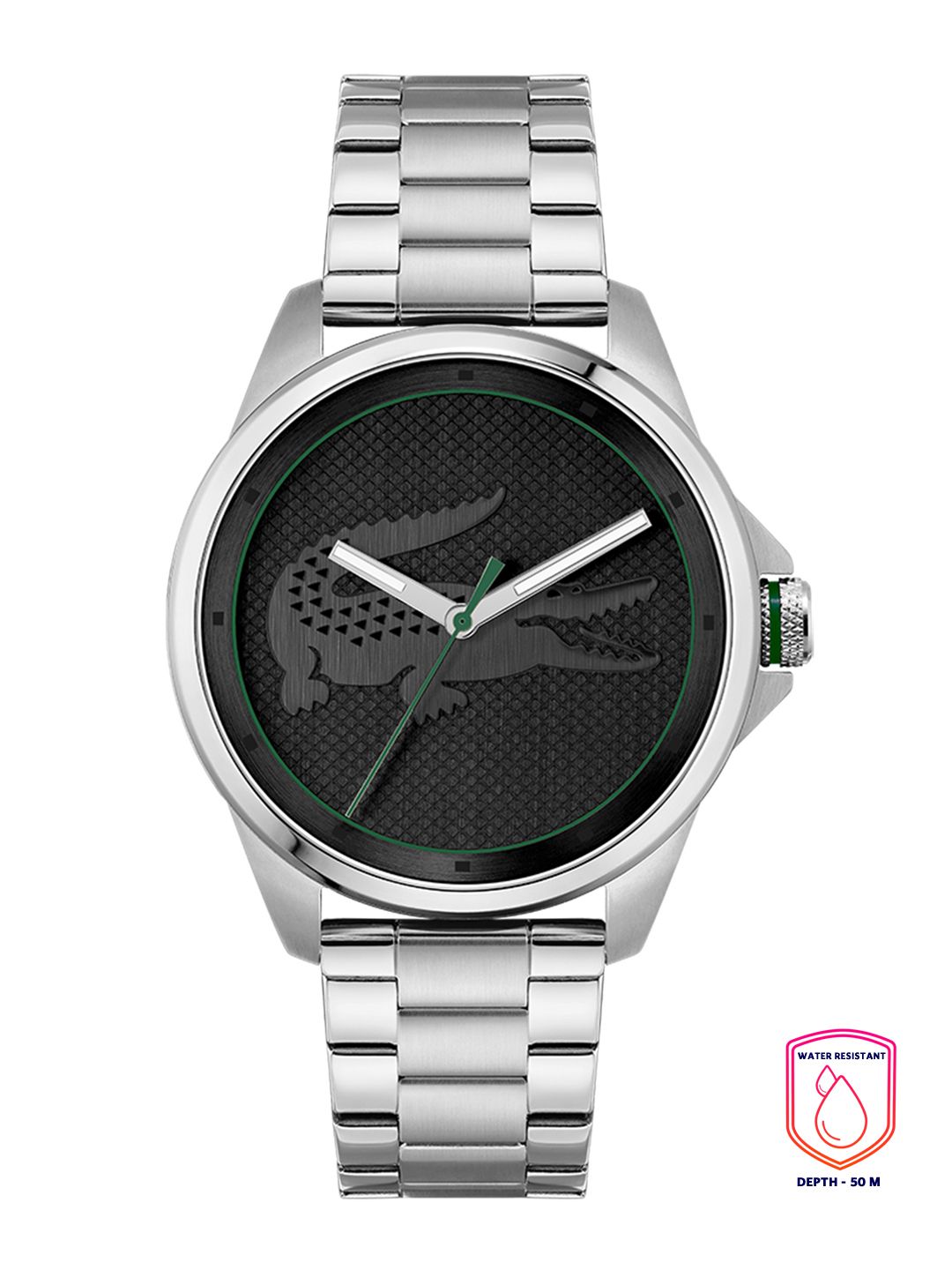 Lacoste Men Black Brass Dial & Silver Toned Stainless Steel Bracelet Style Straps Analogue Watch