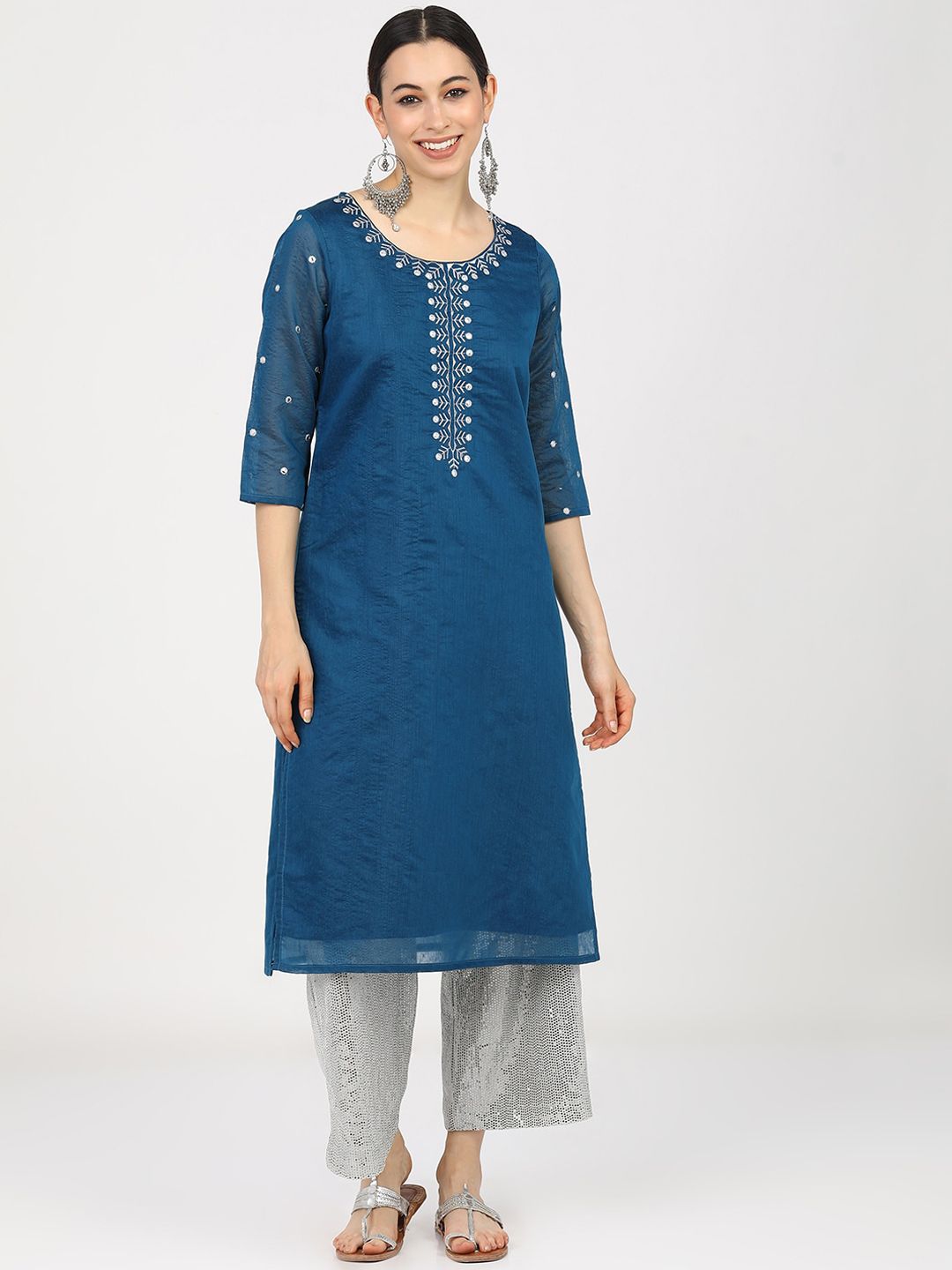 Vishudh Women Blue & Off White Yoke Design Thread Work Kurta-picture-29