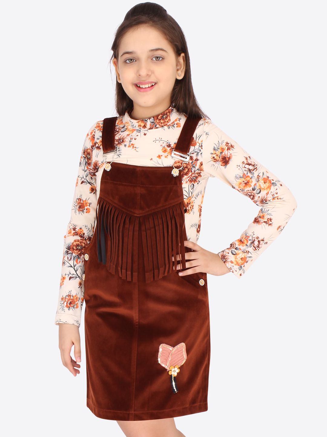 CUTECUMBER Rust Fringed Velvet Pinafore Dress With Floral Printed T-Shirt-picture-58