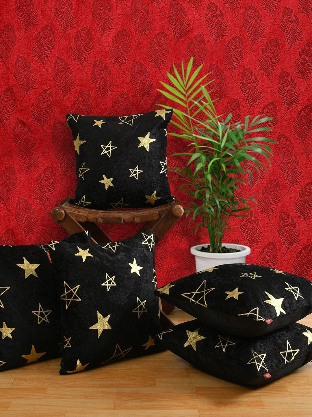 AEROHAVEN Black & Gold-Toned Set of 5 Geometric Foil Printed Velvet Square Cushion Covers-picture-20
