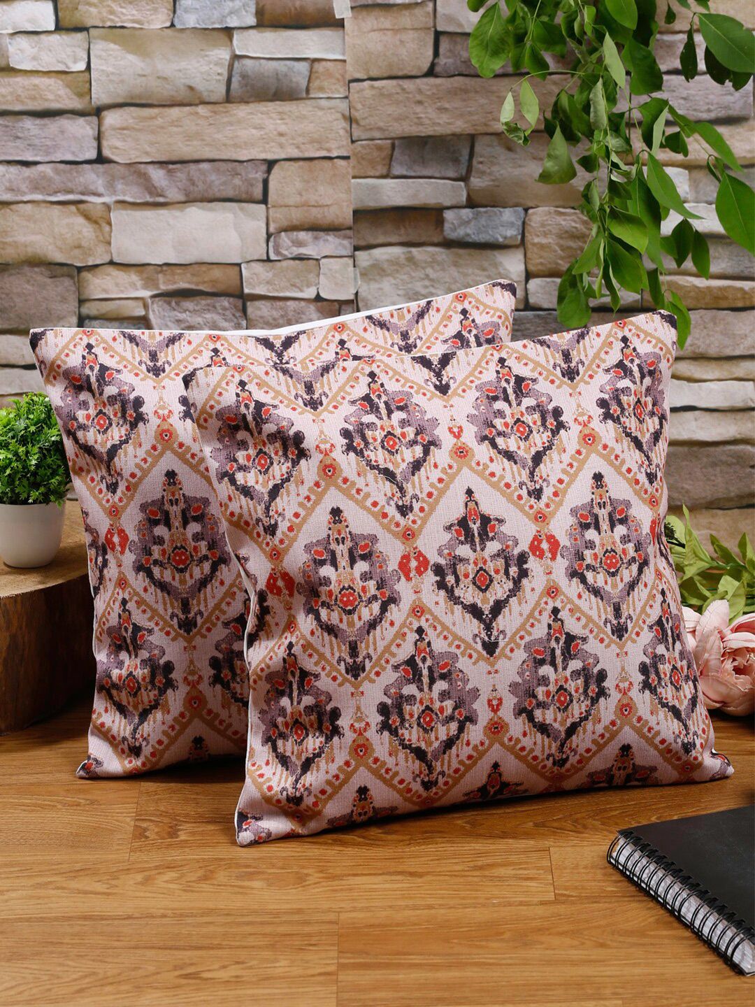Alina decor Beige & Red Set of 2 Ethnic Motifs Square Cushion Covers-picture-11