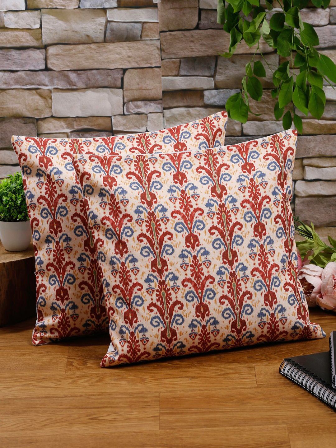 Alina decor Beige & Red Set of 2 Ethnic Motifs Square Cushion Covers-picture-10