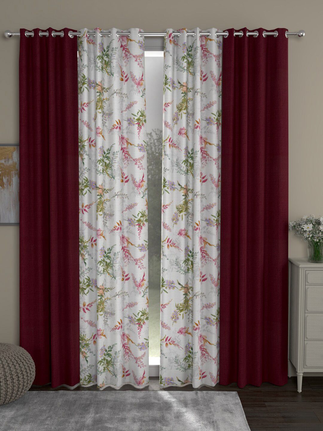 ROSARA HOME Maroon & White Set of 4 Floral Long Door Curtain-image-16
