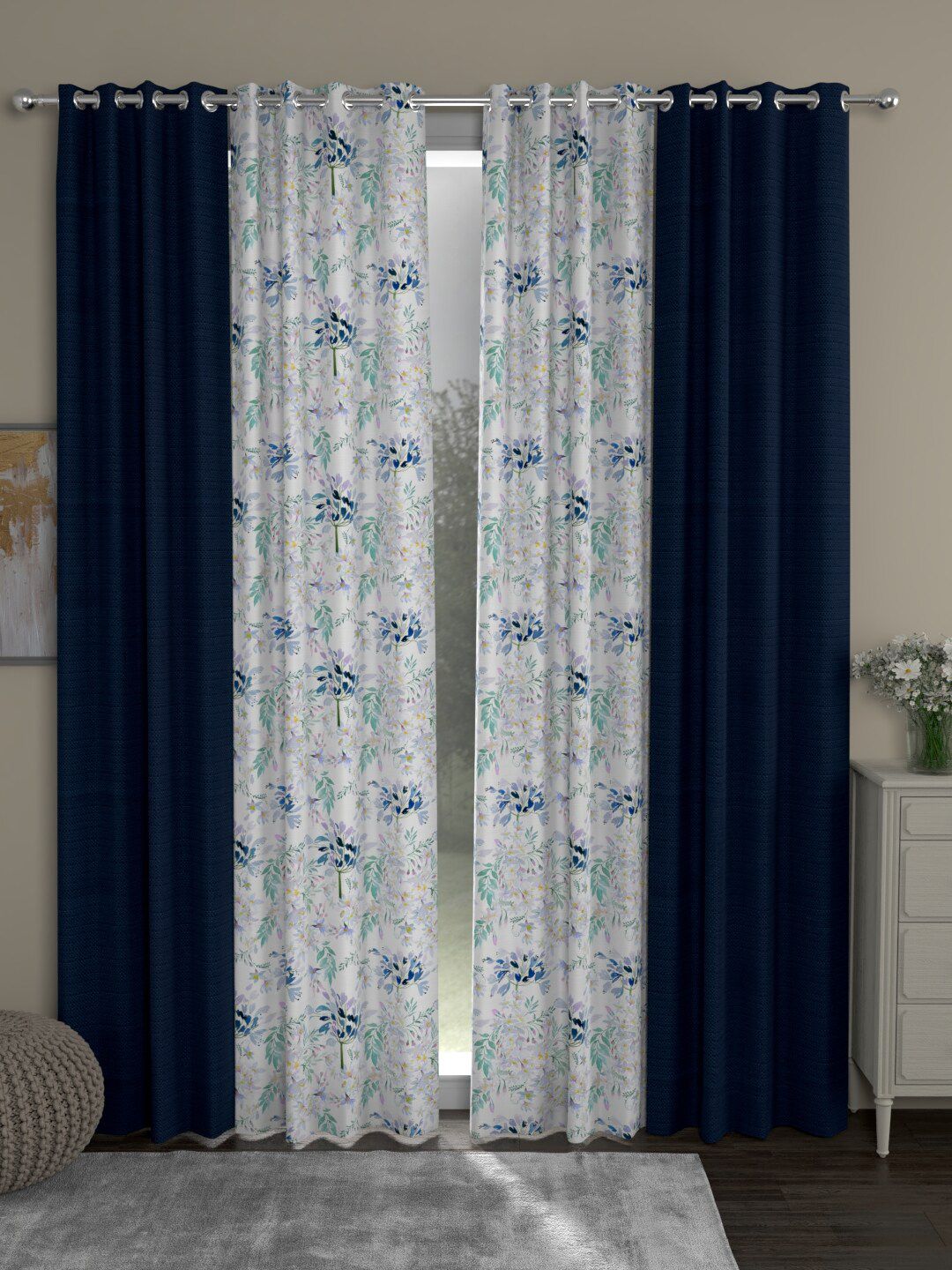 ROSARA HOME Navy Blue & White Set of 4 Door Curtain-image-5