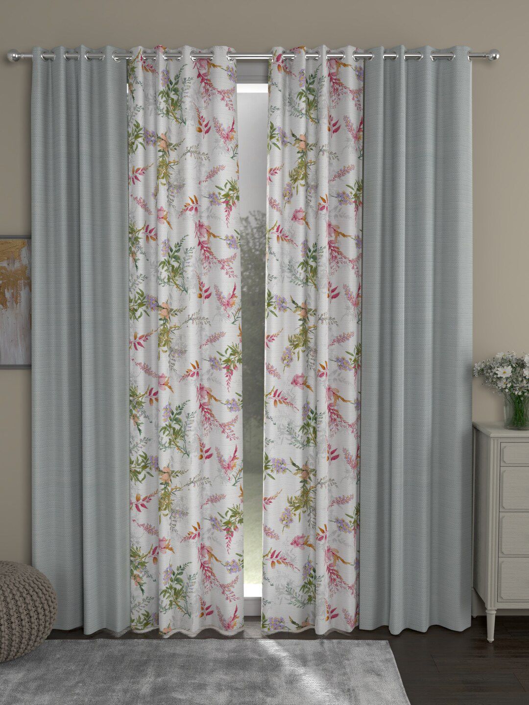 ROSARA HOME Grey & White Set of 4 Long Door Curtain-picture-42