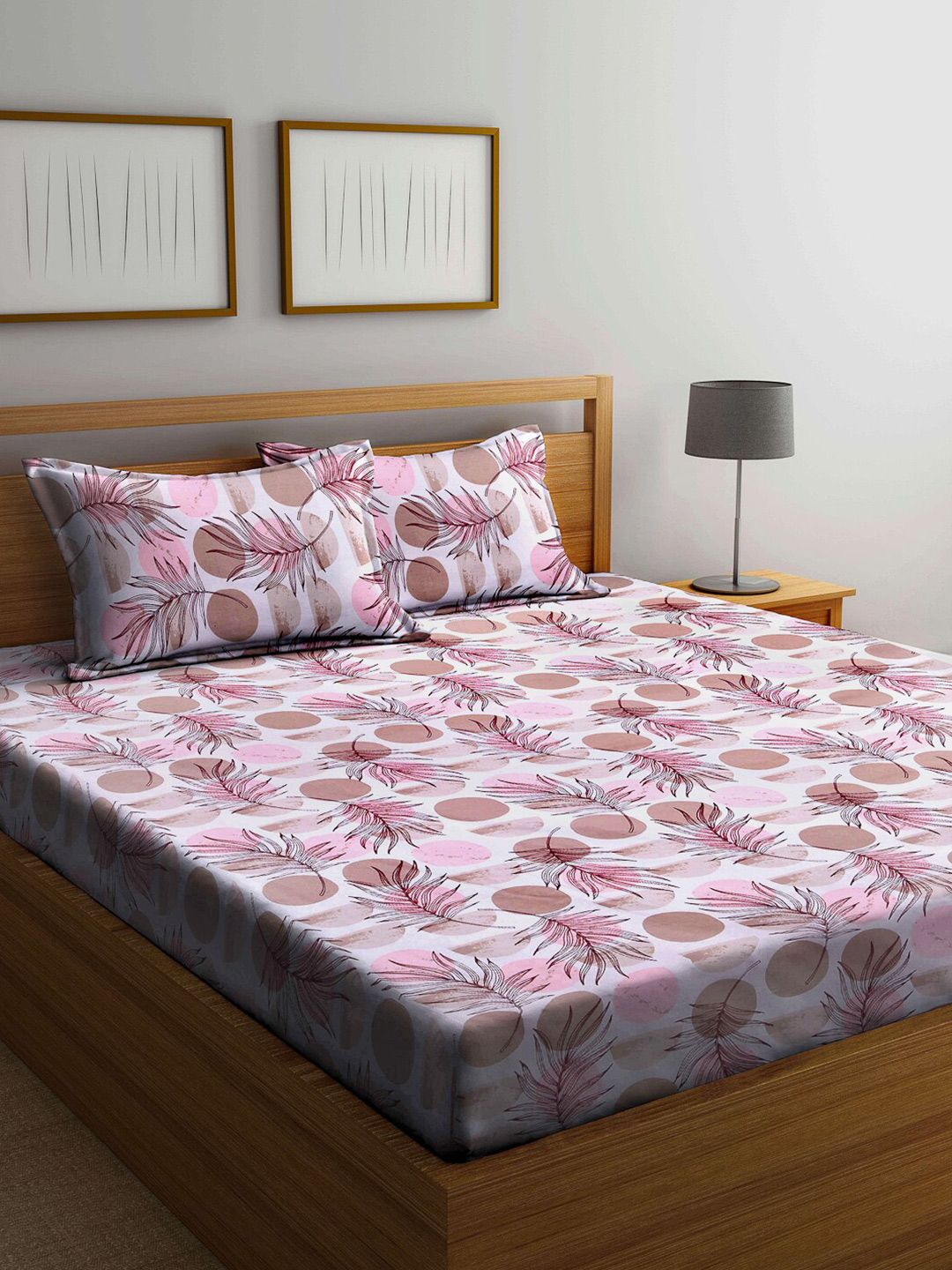 Arrabi White & Pink Floral 300 TC King Cotton Bedsheet with 2 Pillow Covers-picture-40
