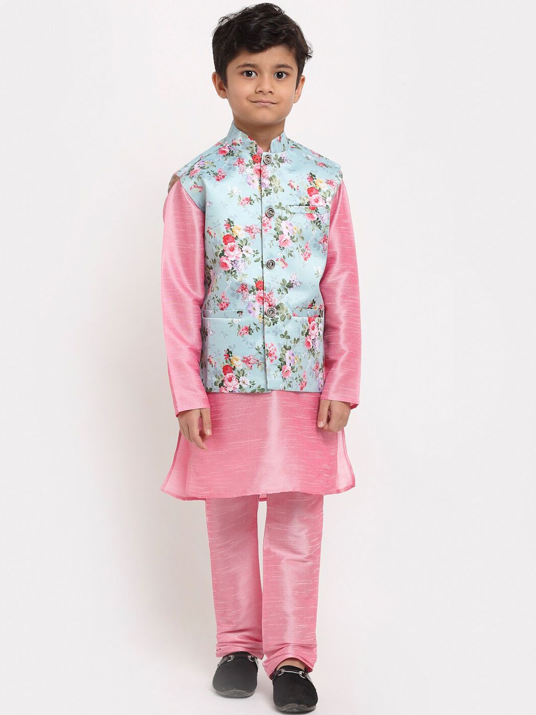 KRAFT INDIA Boys Pink Floral Printed Dupion Silk Kurta with Churidar & Nehru Jacket-image-13