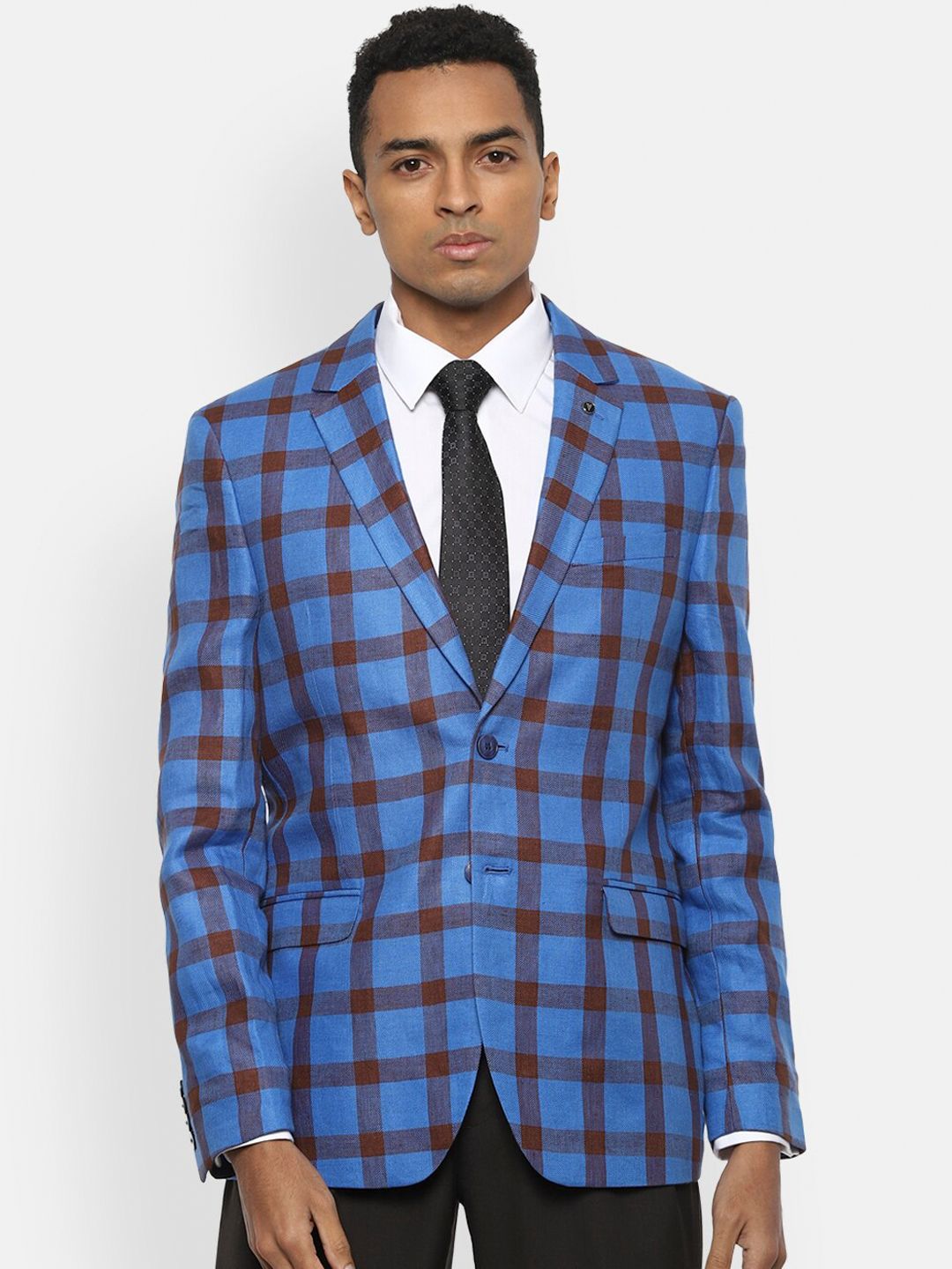 Van Heusen Men Blue & Brown Checked Slim-Fit Single-Breasted Formal Blazer-picture-27