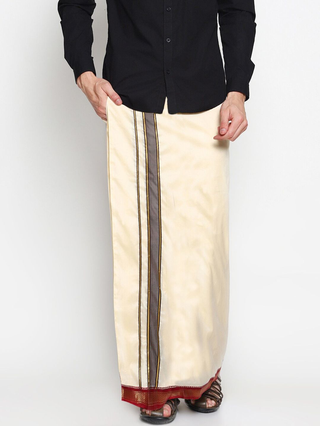 Sethukrishna Men Cream & Maroon Solid Readymade Veshti-picture-23