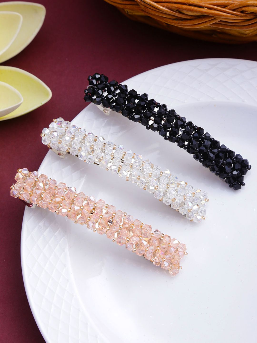 Yellow Chimes Women White & Black Set of 3 Embellished French Barrette-picture-30