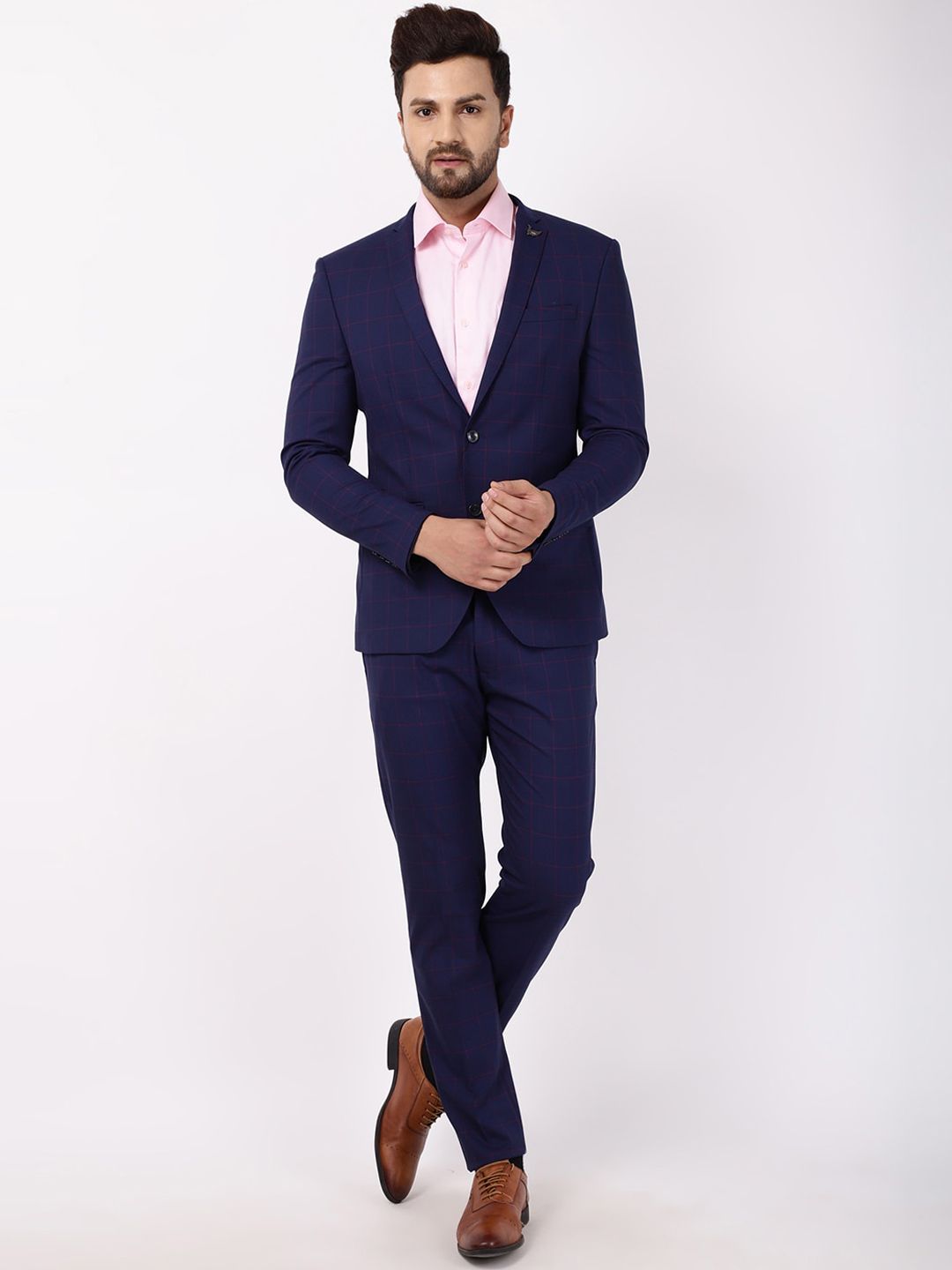 Blackberrys Men Navy Blue & Red Checked Phoenix Skinny Fit Single-Breasted Formal Suit-picture-35