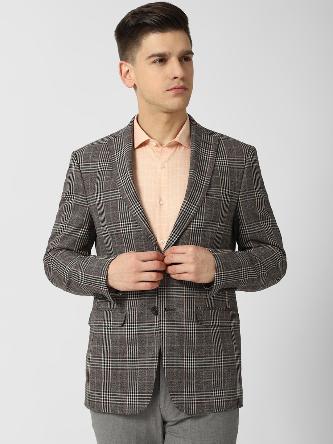 Peter England Elite Men Beige & Brown Checked Single-Breasted Slim-Fit Formal Blazer-picture-54