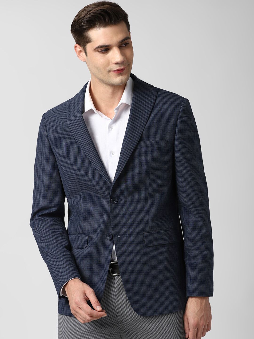 Peter England Elite Men Navy Blue Checked Single-Breasted Slim-Fit Formal Blazer-picture-36