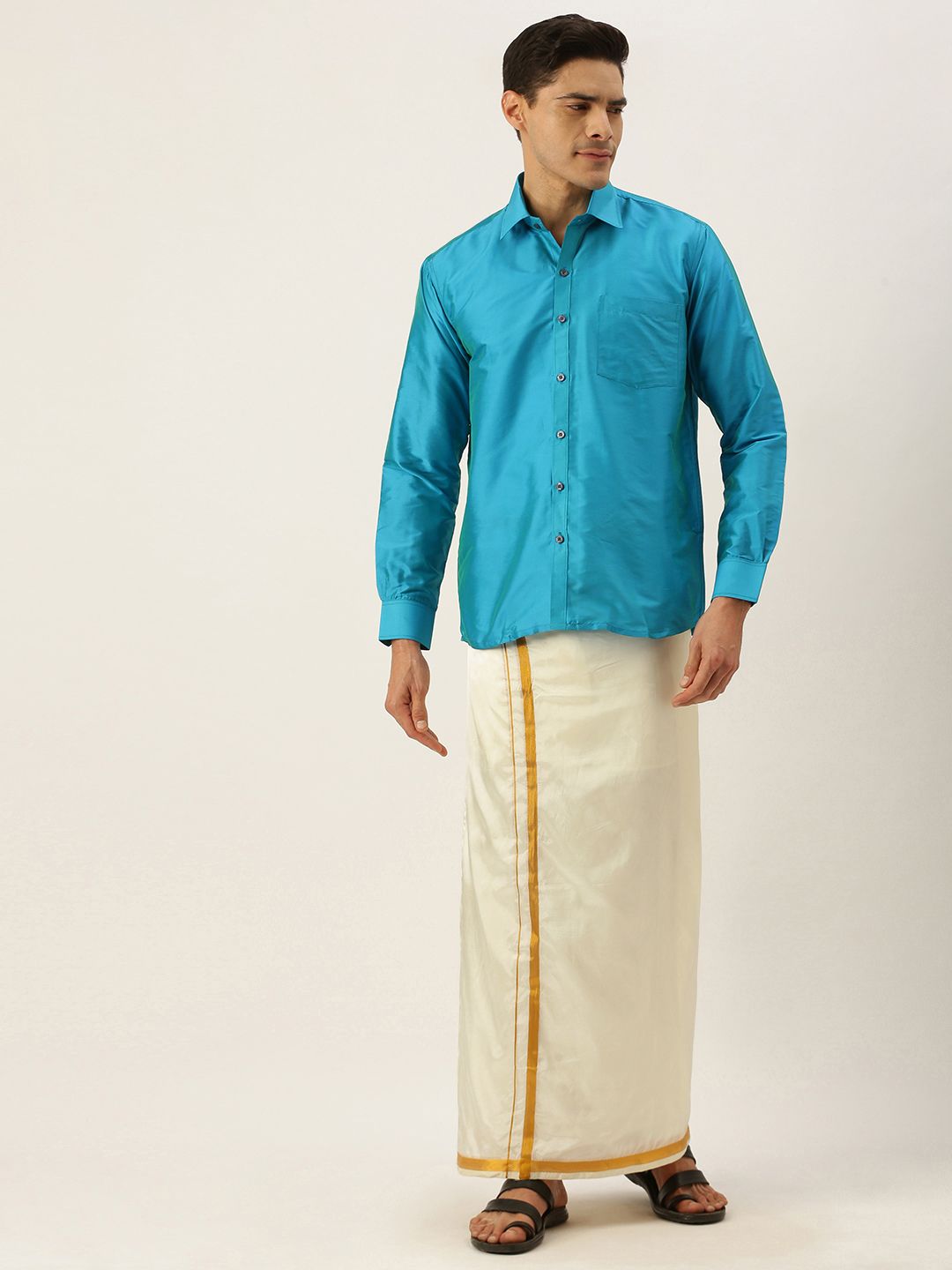 THANGAMAGAN Men Turquoise Blue & Off White Shirt with Dhoti Pants-picture-35