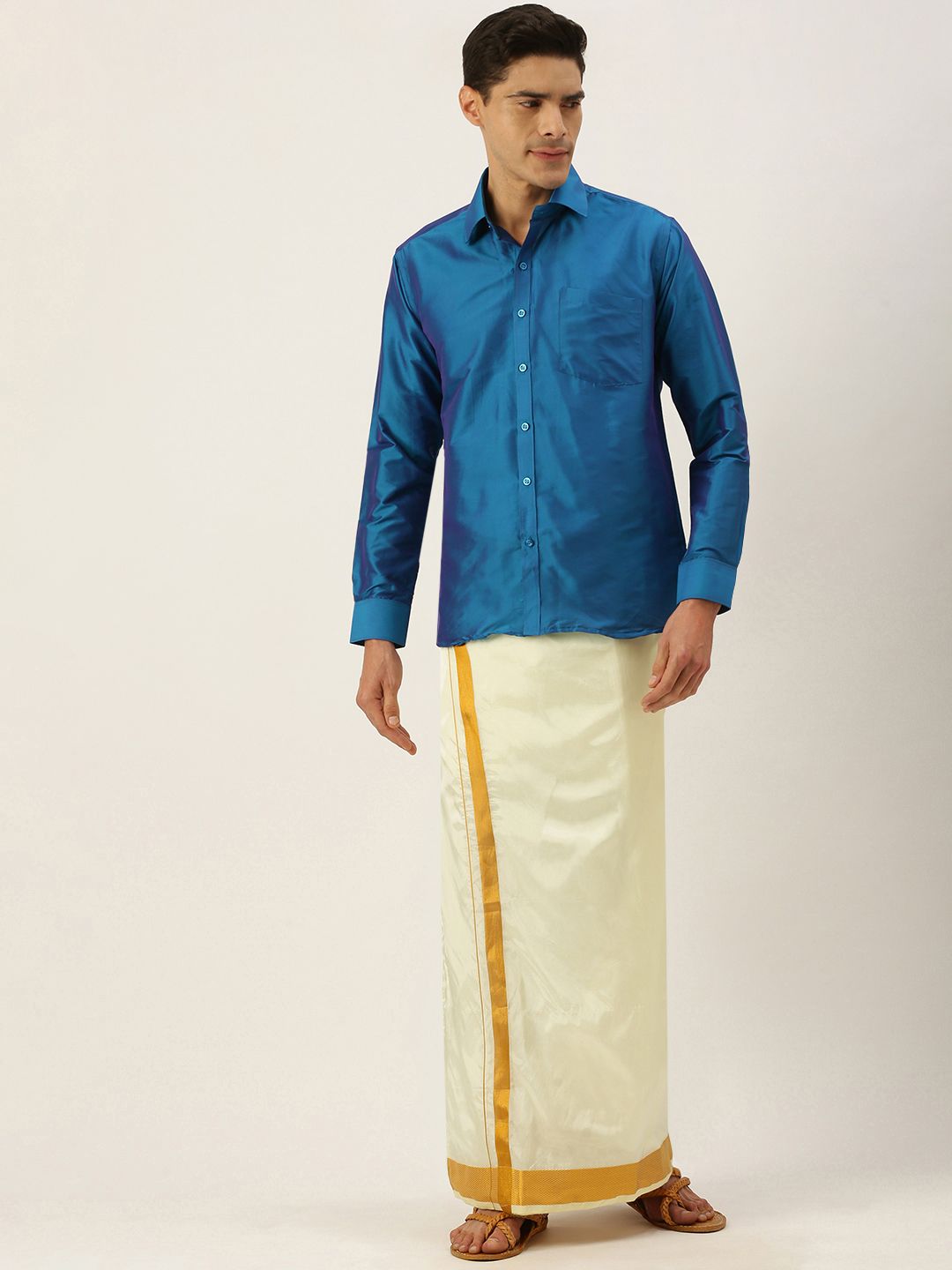 THANGAMAGAN Men Blue & Off White Shirt with Dhoti Pants-picture-42