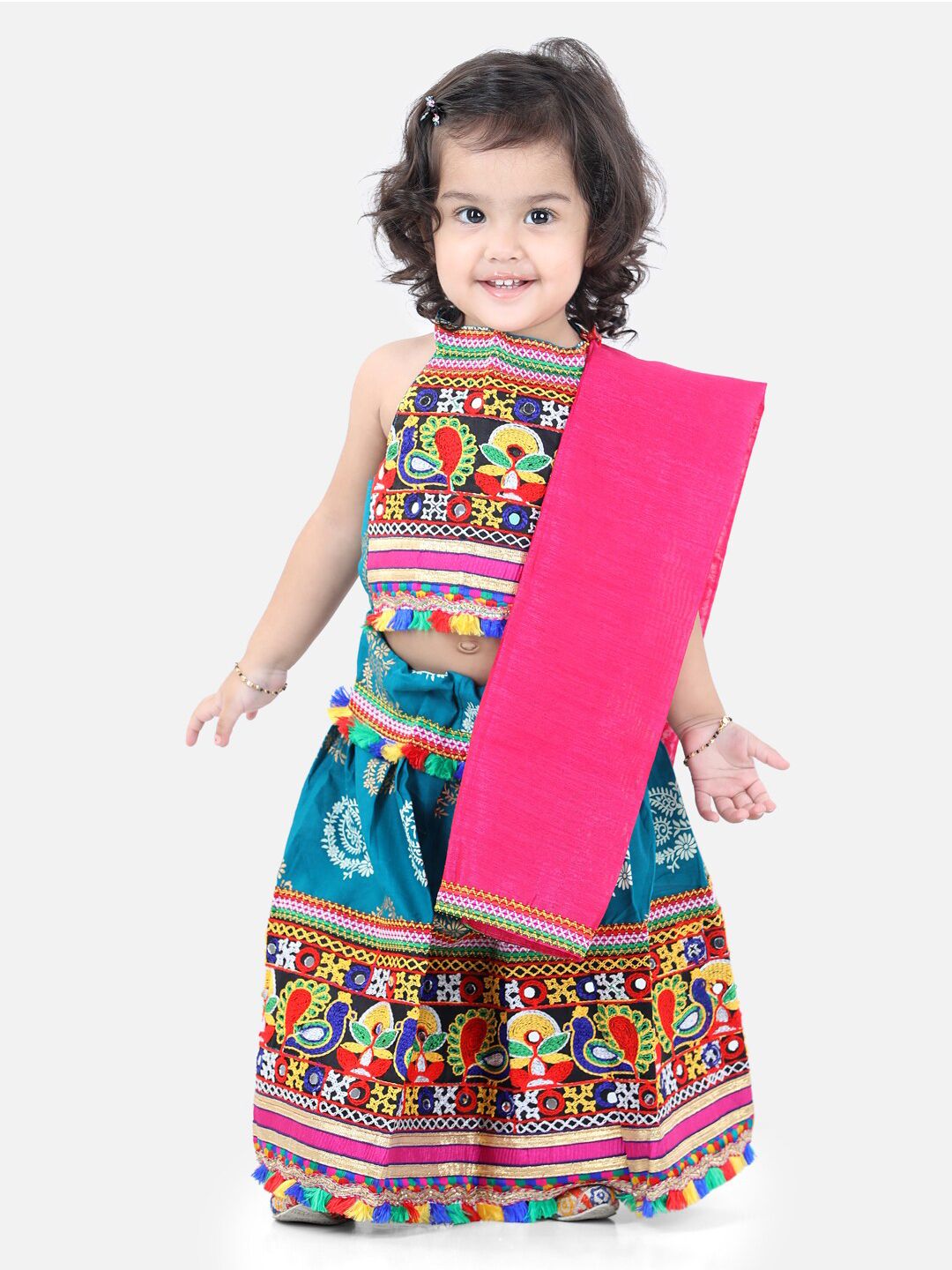 BownBee Girls Blue & Yellow Embroidered Thread Work Ready to Wear Lehenga With Dupatta-picture-24