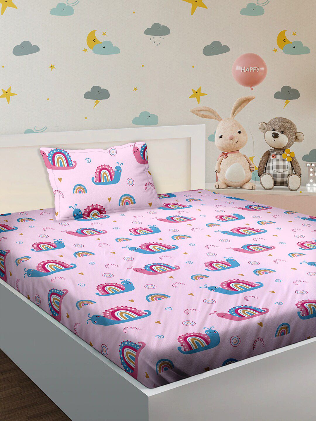 BELLA CASA Pink & Blue Graphic 180 TC Single Bedsheet with 1 Pillow Cover-image-25