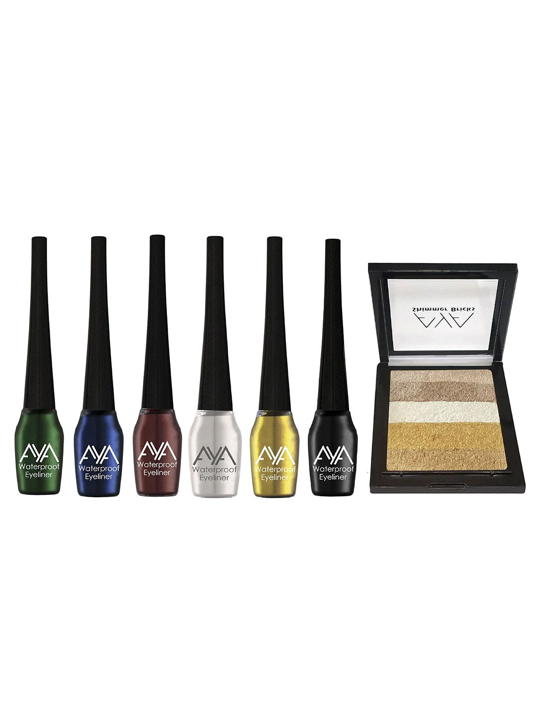 AYA Women Set Of 6 Waterproof Liquid Eyeliner 5 ml Each & Shimmer Brick Highlighter 03-picture-18