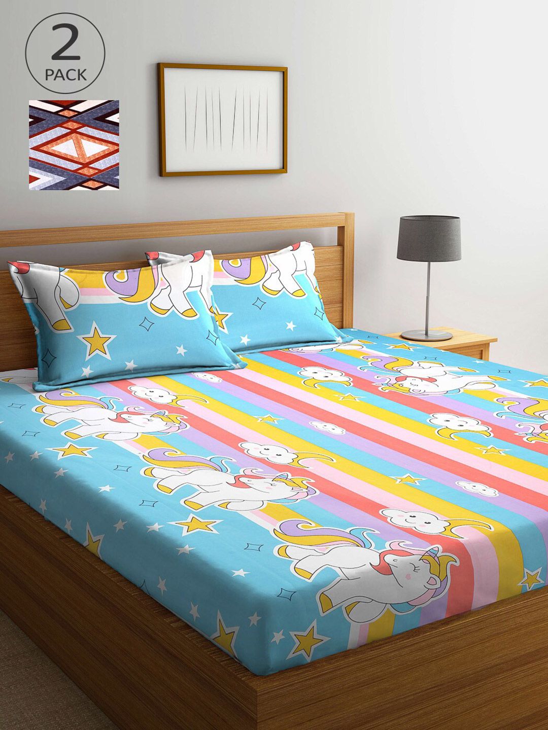 Arrabi Blue & Grey Unicorn 300 TC 2 King Bedsheets with 4 Pillow Covers-image-44