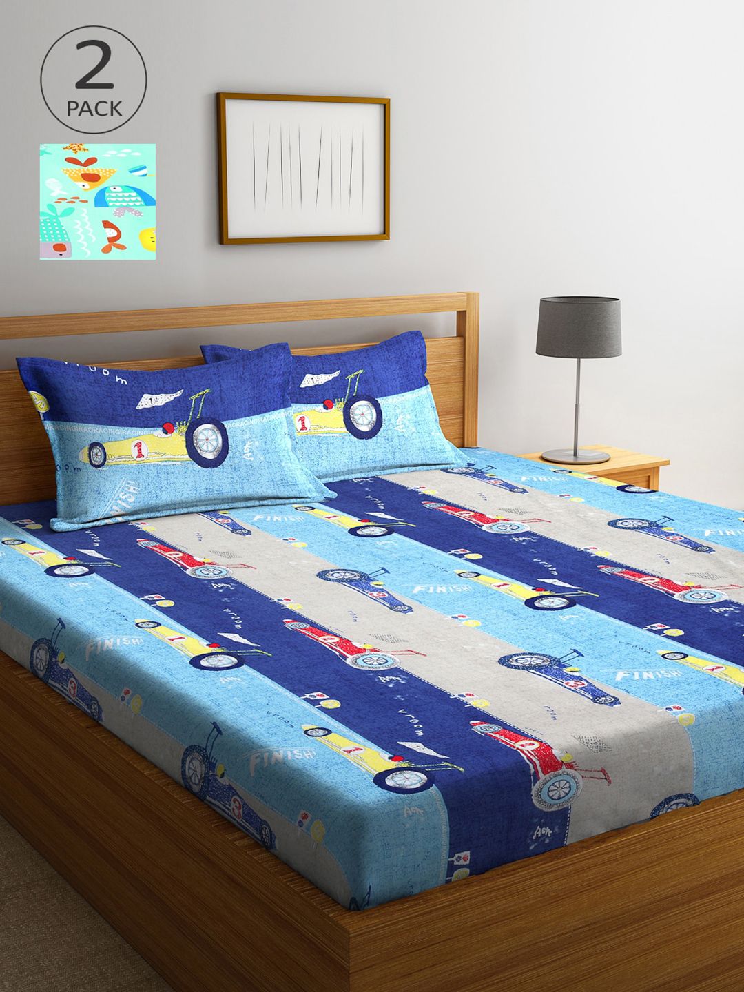 Arrabi Pack Of 2 Sea Green & Blue Graphic 300 TC 2 King Bedsheet with 4 Pillow Covers-picture-14