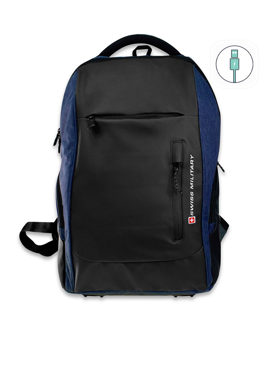 SWISS MILITARY Unisex Black & Blue Brand Logo Backpack with USB Charging Port-picture-13