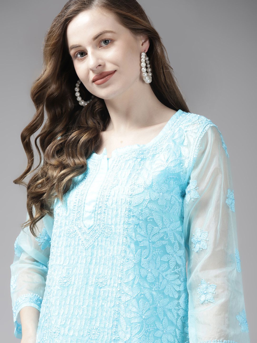 ADA Blue Ethnic Motifs Embroidered Chikankari Handloom Kurti With Matching Slip-picture-32