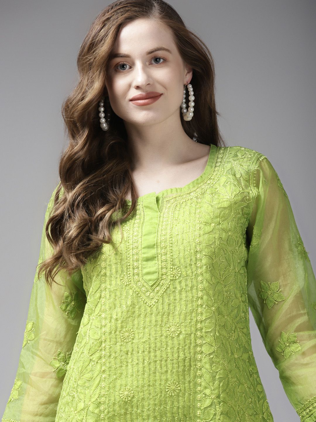 ADA Green Ethnic Motifs Embroidered Chikankari Kurti With Matching Slip-picture-30
