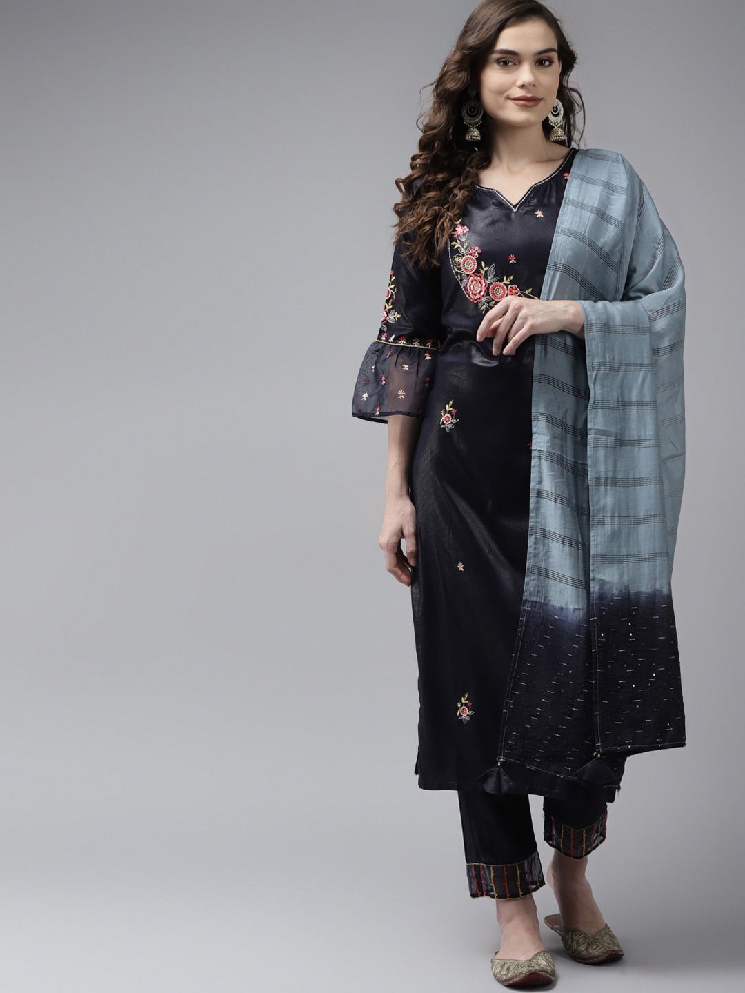 Indo Era Women Navy Blue Floral Embroidered Kurta with Palazzos & With Dupatta-picture-13