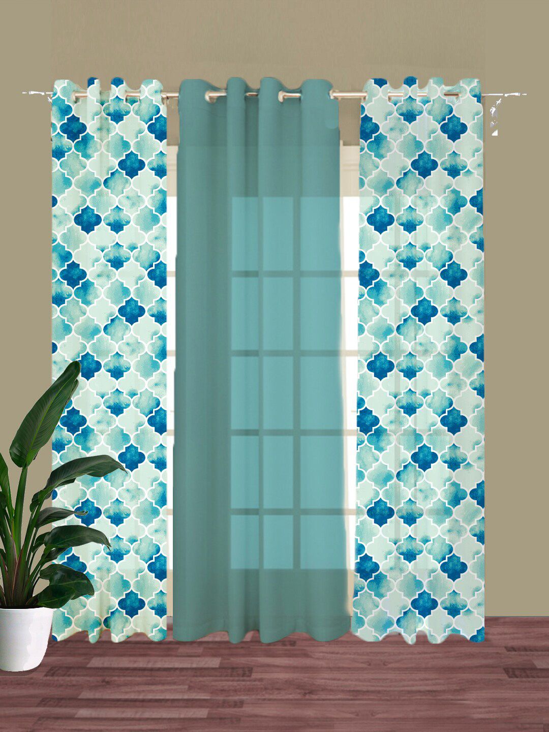 HOUZZCODE Set Of 3 Light Blue Geometric Printed Window Curtains-image-35