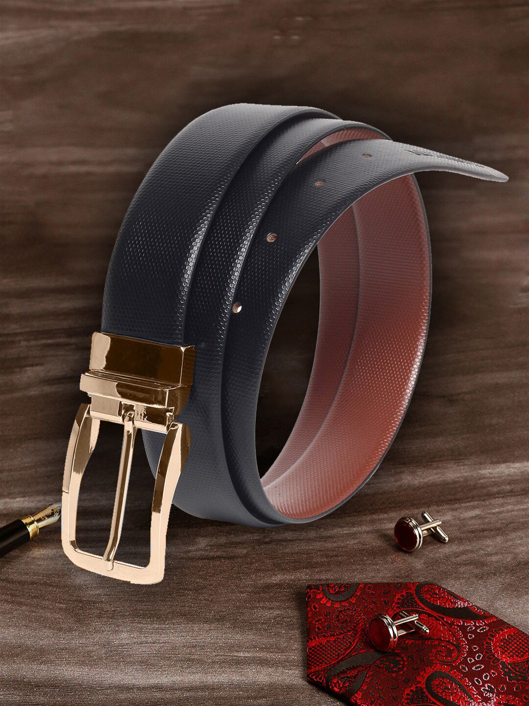 LOUIS STITCH Men Black Textured Leather Reversible Formal Belt-picture-25