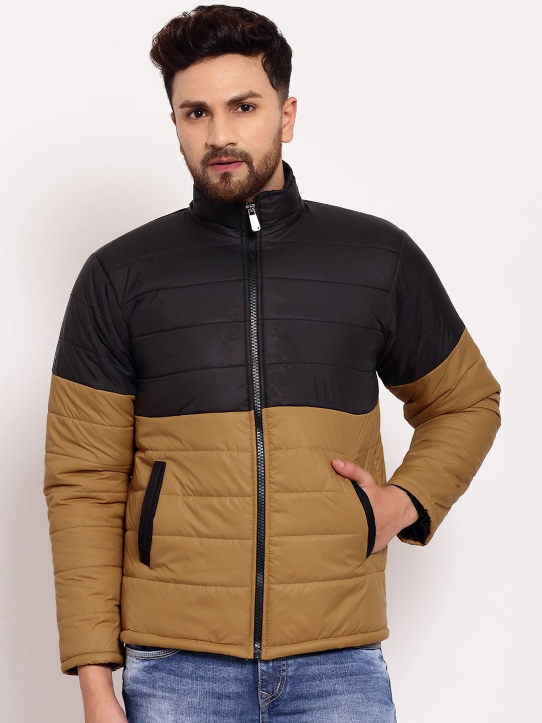 KLOTTHE Men Mustard Brown & Black Colourblocked Water Resistant Padded Jacket-picture-21