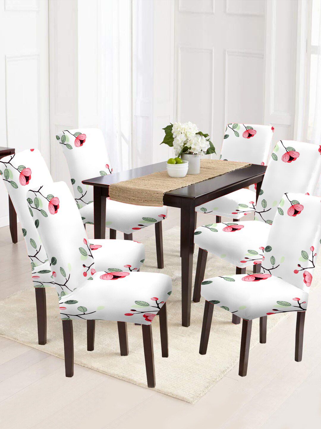 Cortina White & Pink 6 Pieces Printed Chair Covers-picture-57