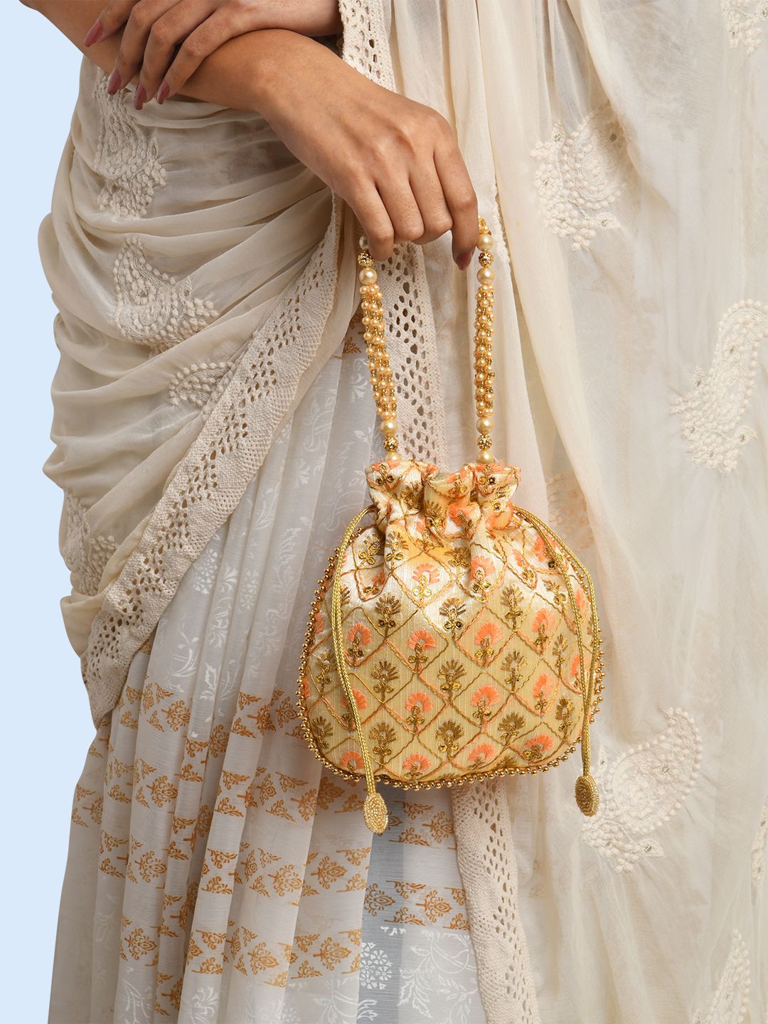 Lavie Amara Off White & Orange Round Potli-picture-32