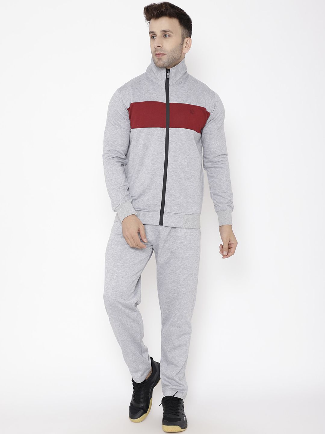 Chkokko Men Grey & Maroon Colourblocked Comfort Fit Pure Fleece Cotton Tracksuit-image-22