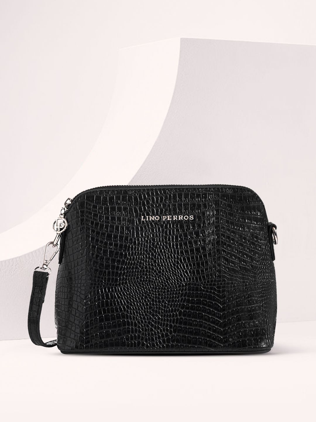 Lino Perros Women Black Croc-Textured Structured Sling Bag-picture-29