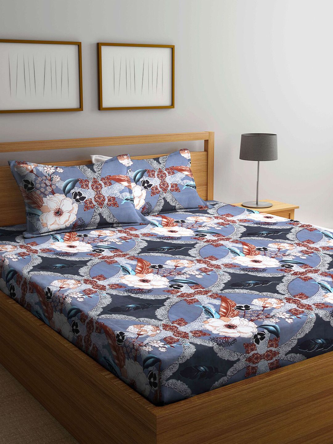 Arrabi Blue & White Floral 300 TC King Bedsheet with 2 Pillow Covers-picture-20