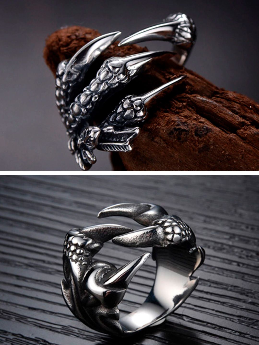 OOMPH Men Set of 2 Oxidised Silver-Tone Vintage Gothic Dragon Claw Biker Fashion Ring-picture-13