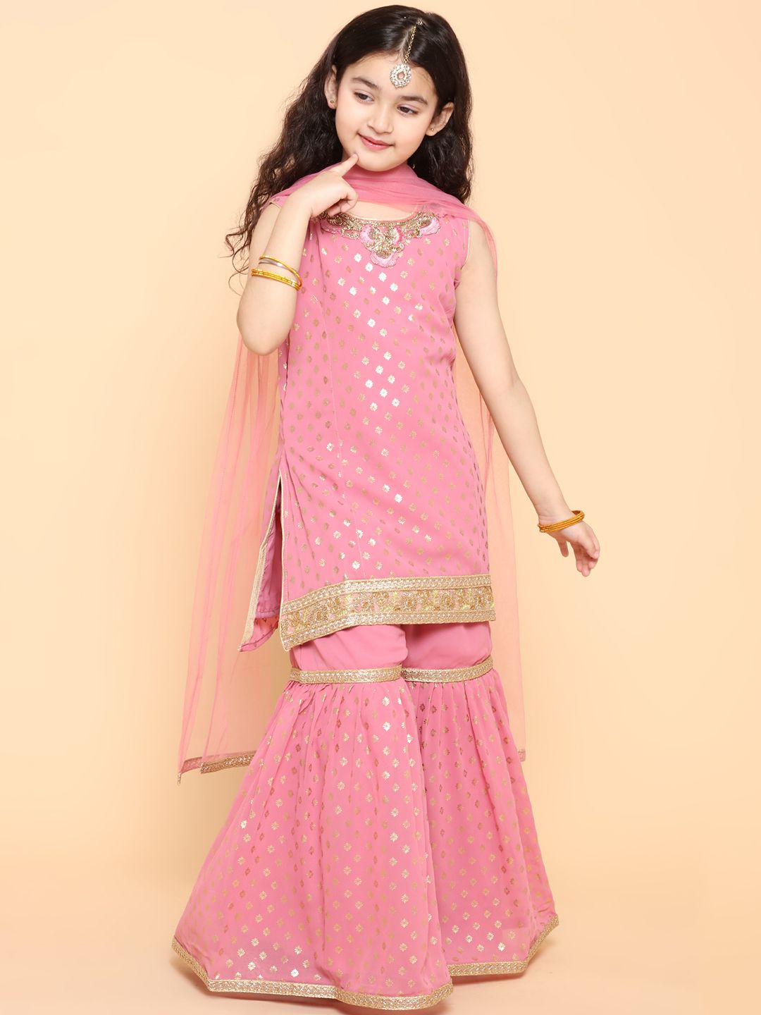 ADIVA Girls Pink Ethnic Motifs Printed Kurta with Sharara & Dupatta-picture-52