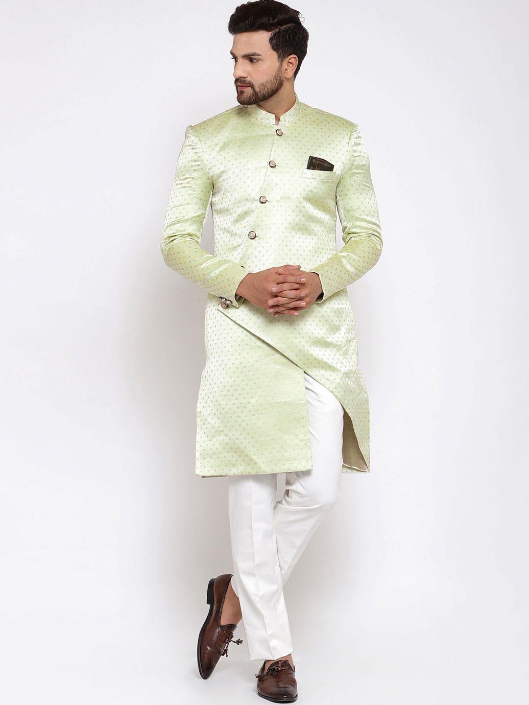 KLOTTHE Men Green & Gold-Toned Woven-Design Sherwani Set-picture-29