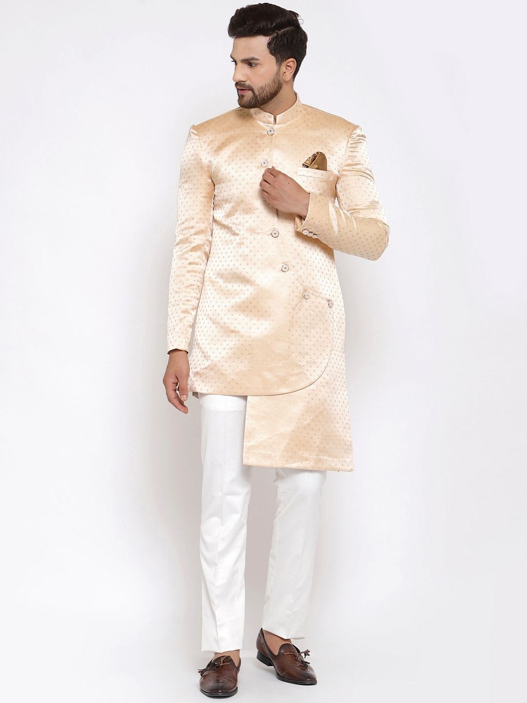 Klotthe Men Orange Woven Design Indo-Western Sherwani Set-picture-20