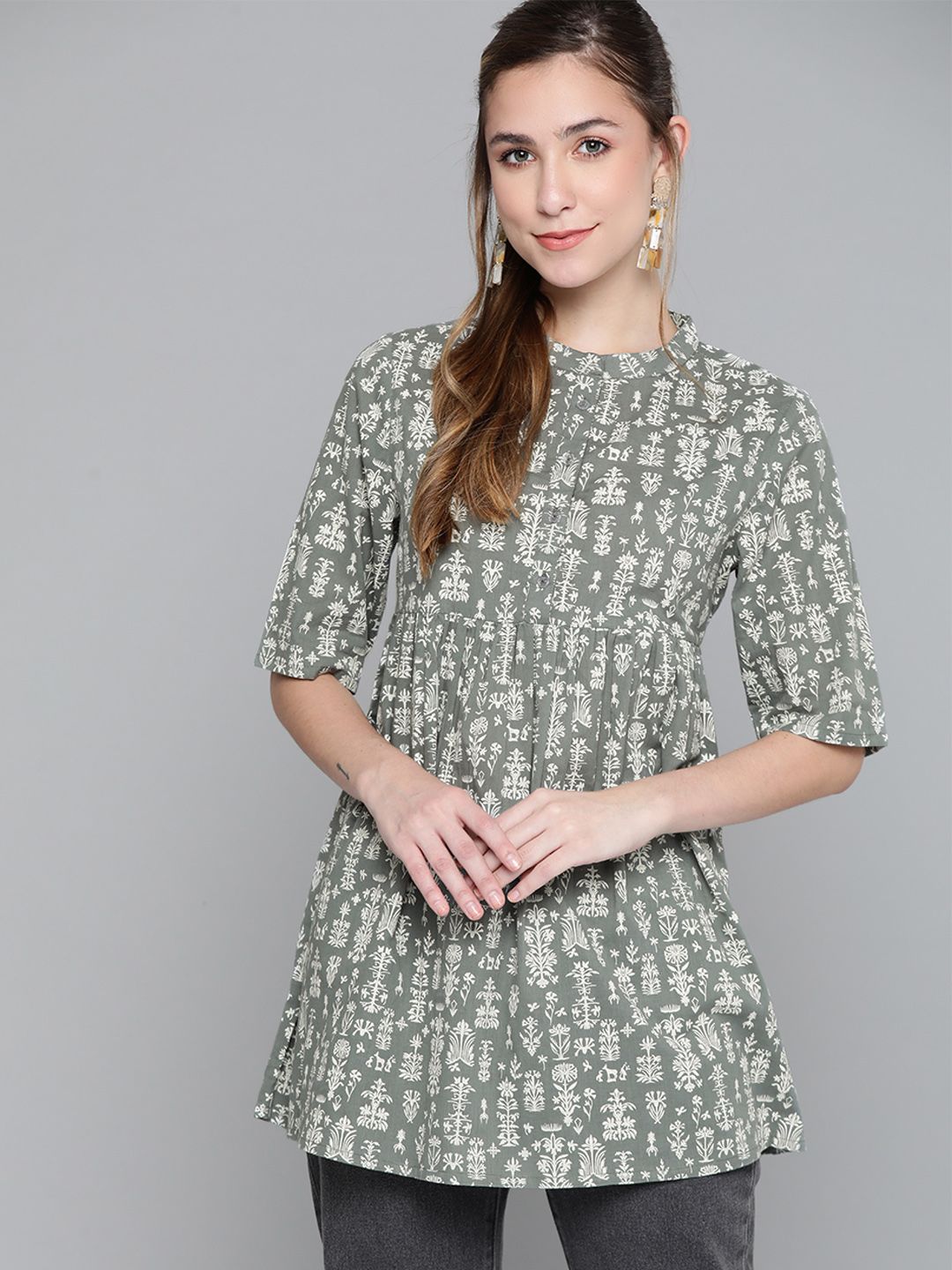 HERE&NOW Grey & Off-White Pure Cotton Ethnic Motifs Printed A-Line Kurti-image-33