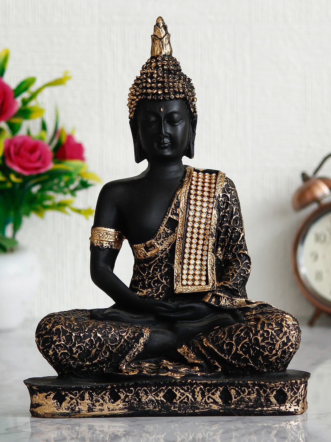 eCraftIndia Gold-Toned & Black Handcrafted Meditating Lord Buddha Showpiece