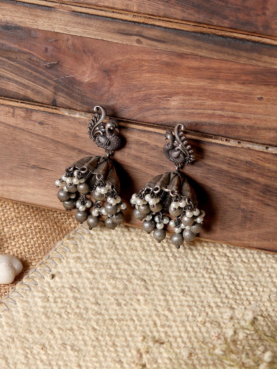 TEEJH Silver-Toned Contemporary Jhumkas Earrings-image-37